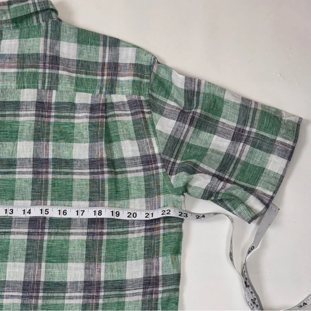 Weatherproof Vintage Men’s Large Linen Green & White Plaid Short Sleeve Shirt - Picture 7 of 10